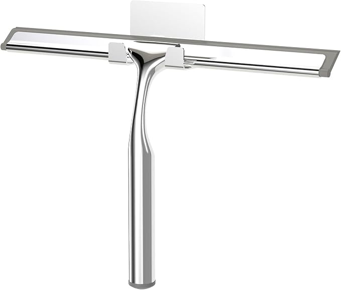 Shower Squeegee for Glass Doors, Stainless Steel Shower Squeegee for Bathroom, Window and Tiles, All-Purpose Squeegee with Adhesive Hook-10”, Chrome