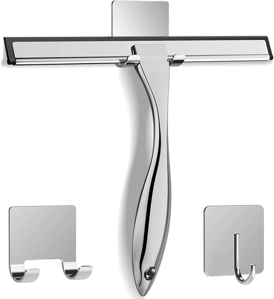 All-Purpose Stainless Steel Shower Squeegee for Shower Glass Door with 2 Adhesive Hooks, Bathroom Cleaner Tool Household Window Mirror Squeegee for Glass Doors, Cleaning Tile Wall, Car, 14 Inch Silver