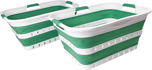 SAMMART 42 (11 Gallons) Collapsible Plastic Laundry Basket, Foldable Pop Up Storage Container/Organizer, Space Saving Hamper, Portable Bin for Dorm Room Bathroom (2, White/Winter Green)