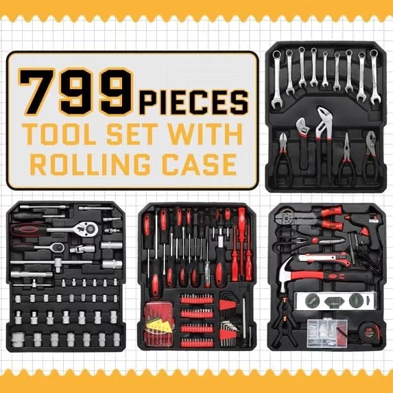 Arcwares 799pcs Aluminum Trolley Case Tool Set Silver, House Repair Kit Set, Household Hand Tool Set, with Tool Belt,Gift on Father's Day (Black)