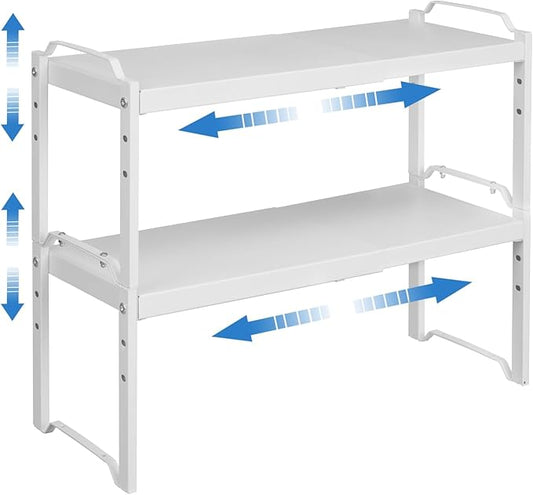 Set of 2 Expandable Kitchen Cabinet Shelves Organizers, Stackable Adjustable Small Storage Shelf Rack Stand For Pantry Cabinet Cupboard Kitchen Counter Organization, 22 lbs Capacity, Length:20.5"