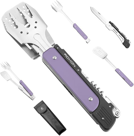 ROXON S601 6-in-1 Folding Grill Tool Set,14"BBQ Utensils for Camping Purple | Includes Fork, Spatula, Knife, Tongs, Bottle Opener & Corkscrew. LFGB Certified, Dishwasher-Safe, Portable for Outdoor BBQ