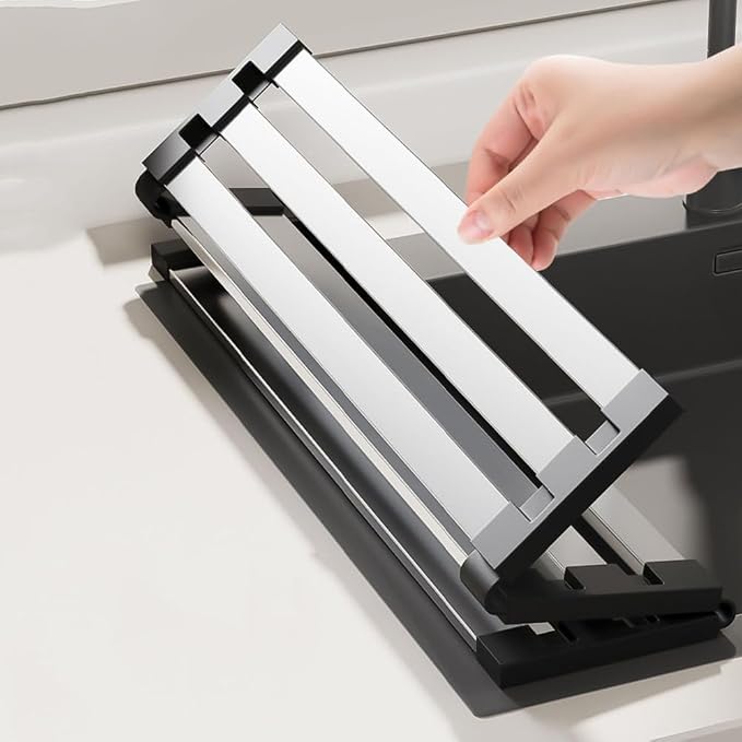 Stainless Steel Roll Up Dish Drying Rack, Over Sink Foldable Kitchen Mat, 45cm x 32.5cm Rollable Sink Drainer, Space-Saving Design (17.72" H x 12.8" W)