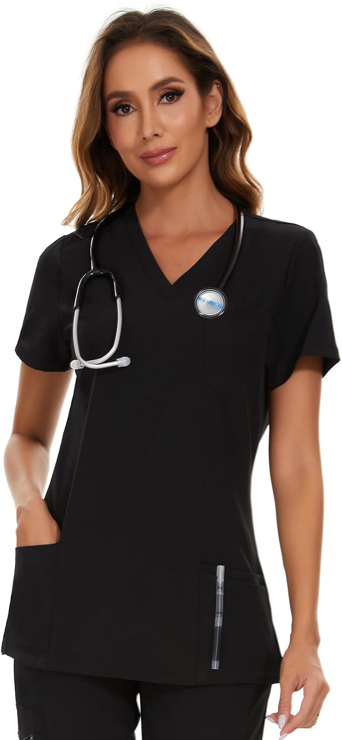 Scrubs Tops for Woman - Soft Stretch, V-Neck Tops | 3 Pockets, Side Split Design, Short Sleeve, Breathable & Lightweight Nursing Shirt, Easy-Care Fabric for All-Day Comfort