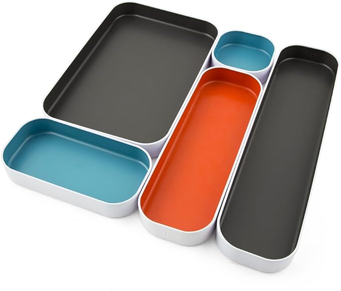 Three by Three Seattle Metal Drawer Organizer Tray Set, 5-Pc, 1" (Gray Mix) | Colorful 1" metal bins; food-safe; soft non-scratch base; kitchen, bathroom, vanity, desk & office drawers