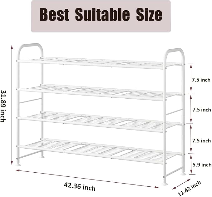 LINZINAR Shoe Rack Long 4 Tier Shoe Storage Organizer Metal Wide Shoe Shelf for Closet Entryway Bedroom 30 Paris Large Capacity, White