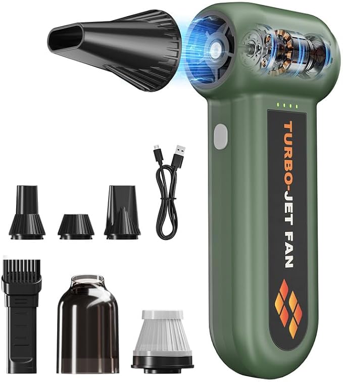 Compressed Air Duster 360000RPM Electric Air Duster Variable Speed 430G 4 Gear Adjustable Rechargeable Cordless Jet Dry Blower Turbo Fan Dryer Air Blower Mini Car Vacuum Cleaner Small Green