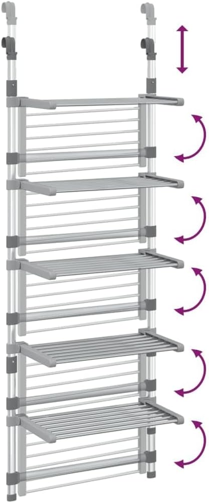 Bowery Hill 5-Tier Aluminum Hanging Laundry Drying Rack, Adjustable Height 57.9"-73.6", Space-Saving Foldable Design, Silver Finish, Wall or Door Mount, Compact Clothes Airer for Home Drying