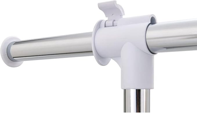 Adjustable Rolling Garment Rack 84-121cm Wide, Chrome White with Wheels | Sturdy steel, tool-free setup; height adjusts 123.5-163cm; smooth casters; ideal for bedroom, closet & laundry organization.