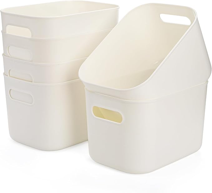 Yopay 6 Pack Plastic Storage Bin with Handle, White Bathroom Kitchen Organizer Bin for School, Office, Classroom, Hand Soaps, Shampoos, Lotion, Conditioners, Hand Towels, Cosmetic, Snacks, Seasoning
