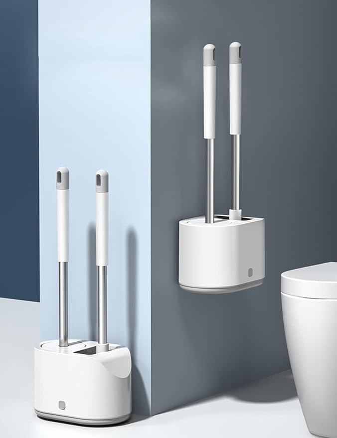 Multifunction Double Brush Toilet Brush Holder, Long Handle Wall-Mounted Toilet Brush Plunger Set, Ventilated Quick-Drying Silicone (Color : Gray, Size : Wall Hanging)