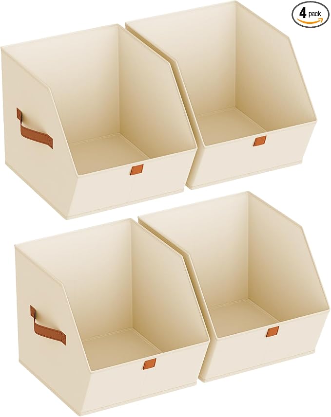 Homsorout Fabric Closet Storage Cubes - 4 Pack Square Storage Bins with Dual Handles for Clothes, Towels, Toys, Cube Storage Organizers for Bedroom, Nursery, Shelves, Closet, Small Spaces, Beige