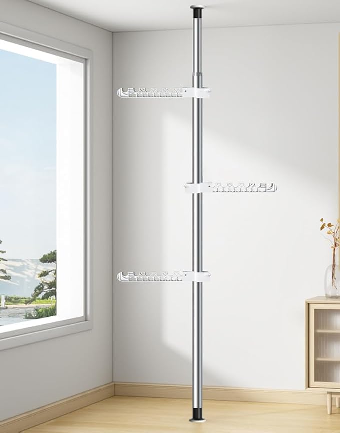 3-Tier Clothes Drying Rack Adjustable Coat Hanger Garment Stand Floor to Ceiling Laundry Pole Tension Rod Storage Organizer for Hanging Clothing, Scarves, Hats, Bags, Purses 43.3''-122.04''