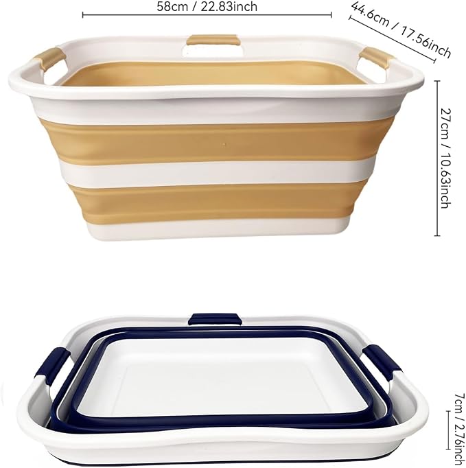 SAMMART 42 (11 Gallons) Collapsible Plastic Laundry Basket, Foldable Pop Up Storage Container/Organizer, Space Saving Hamper, Portable Bin for Dorm Room Bathroom (2, Starry Blue+Beige)