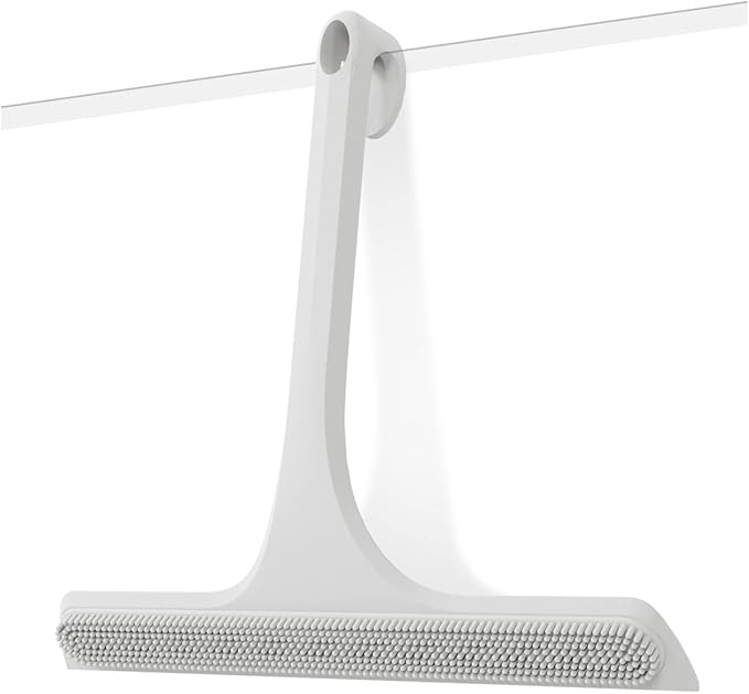 2-in-1 Silicone Shower Squeegee with Hook,Dual-Sided Design with Scraper & Scrub Surface,Streak-Free Bathroom Squeegee for Glass Doors,Mirrors,Windows,Car Windshields (White)