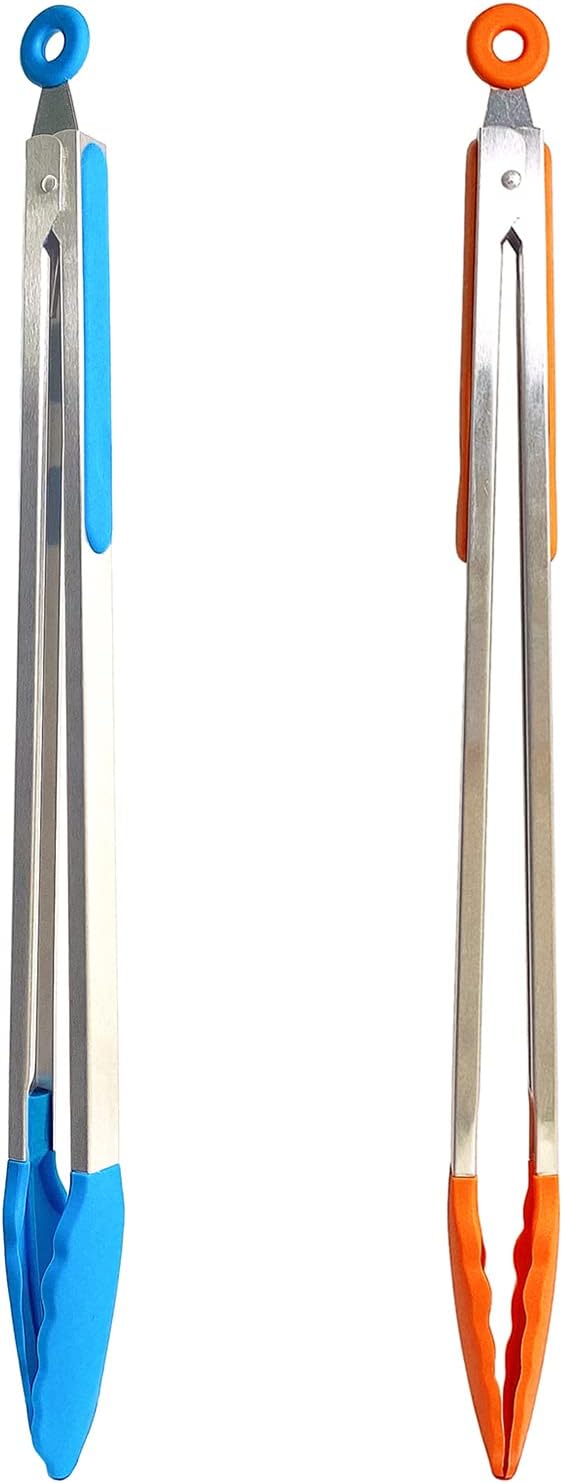 18 inch Extra Long Grill Tongs (1 orange + 1 blue), with Silicone Tip Head, Stainless Steel Barbecue Tongs with Long Handle, Large Sized Food Tong, Extended Serving Tong