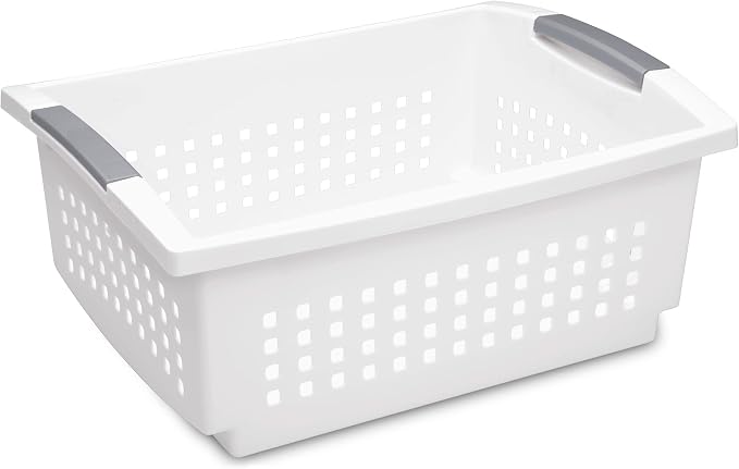 Sterilite 16 Pack Large Stacking Basket, Open Top Storage Bin with Handles, White - Ideal for Home Closets, Kitchens, or Office Organization