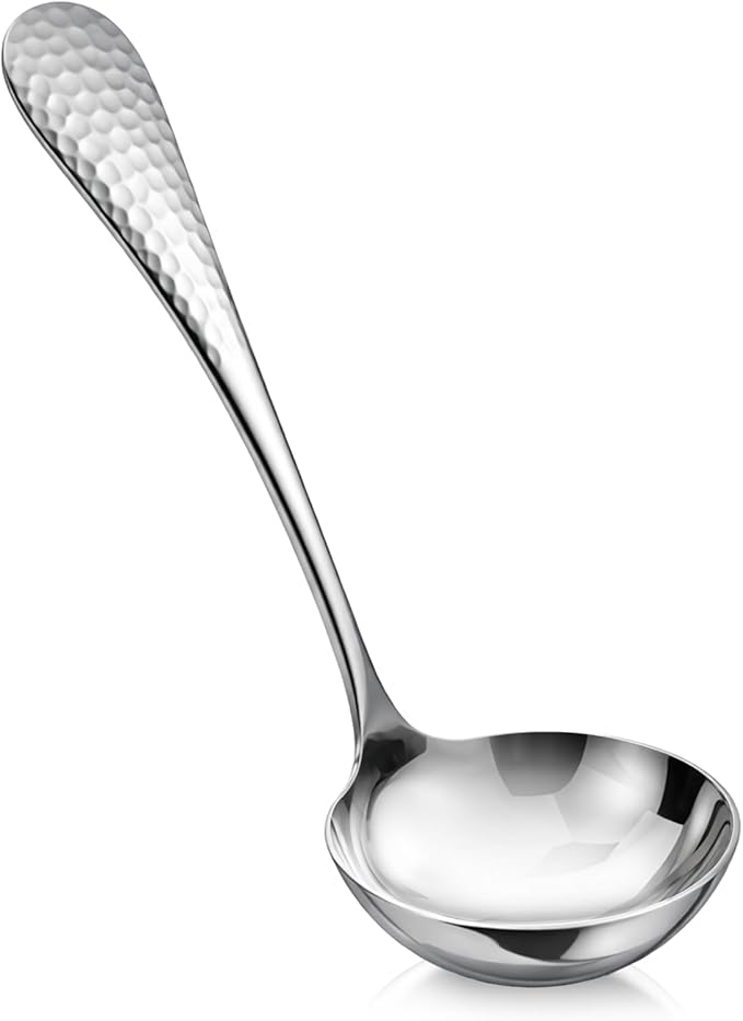 7.09 Inch Small Ladle Premium Stainless Steel Hammered Gravy Ladle Rustproof Kitchen Utensil for Serving Soup Sauces Gravies Chili Stew and More Elegance Functionality (Silver)