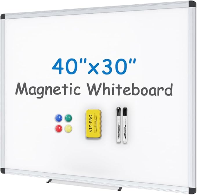 VIZ-PRO Magnetic Whiteboard, 40 x 30 Inches, Dry Erase Board for Wall | Includes 1 Eraser, 2 Markers & 4 Magnets, Aluminum Frame, for School Office and Home