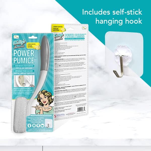 Molly's Marvelous Power Pumice – Toilet Ring & Hard Water Stain Remover, Extra-Long Handle, Chemical-Free Cleaning for Bathroom Surfaces