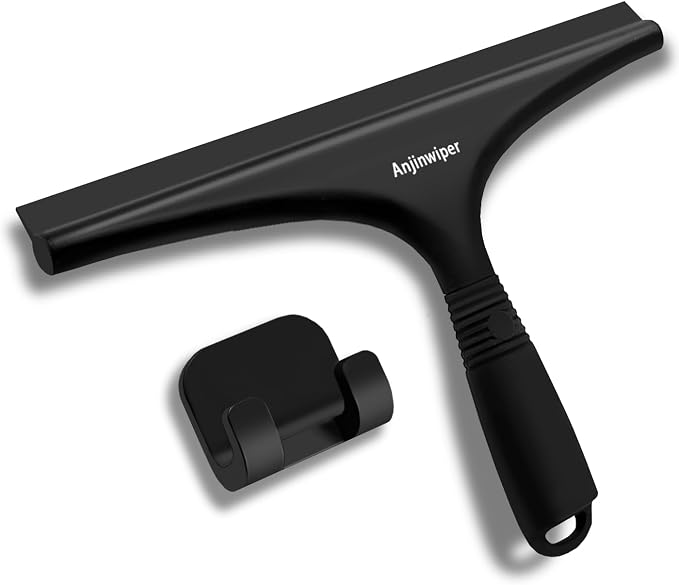 Shower Squeegee for Glass Doors, 10 Inch Bathroom Squeegee for Shower Glass | Silicone Glass Squeegee for Tile Shower Walls, Windows, Mirror, Car Cleaning - Ergonomic Streak free Squeegees, Adhesive Hook