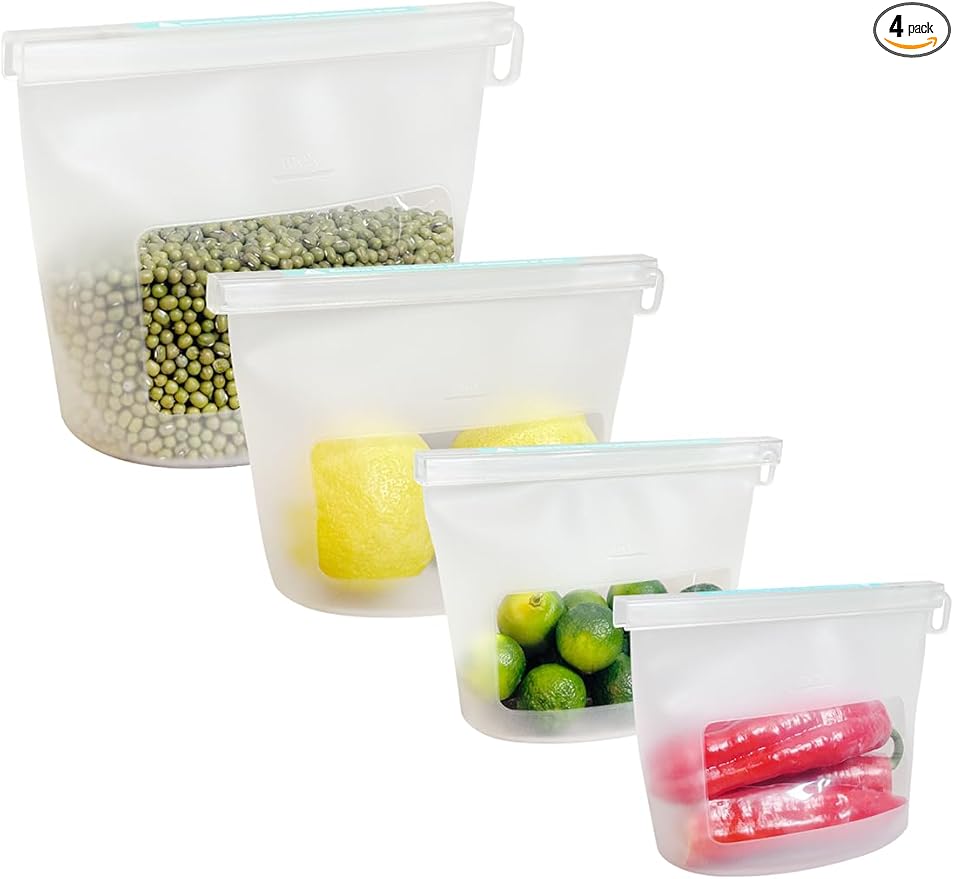 Reusable Silicone Food Storage Bags (Set of 4), Dishwasher Oven Microwave Freezer Safe, Eco-Friendly Leakproof Sous Vide Bags, Premium Lunch Containers, 2 Sandwich 1 Lunch & 1 Half-Gallon, Clear