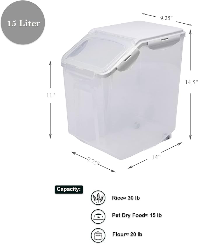 HANAMYA 15 Liter / 30 lbs Rice Storage Container with Measuring Cup, BPA free, For Rice | Grain | Pet Food | Flour, 2 counts, Clear