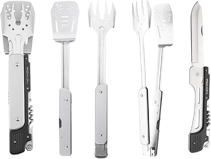 ROXON S601 6-in-1 Folding Grill Tool Set, 14" BBQ Utensils for Camping Grey | Includes Fork, Spatula, Knife, Tongs, Bottle Opener & Corkscrew. LFGB Certified, Dishwasher-Safe, Portable for Outdoor BBQ