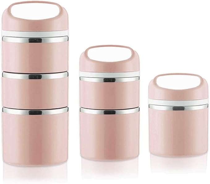 Lille Home Stackable Stainless Steel Thermal Compartment Lunch/Snack Box, 3-Tier Insulated Bento/Food Container with Lunch Bag, Utensils Set and Three Extra Seals, 43OZ (Gold with Utensils)