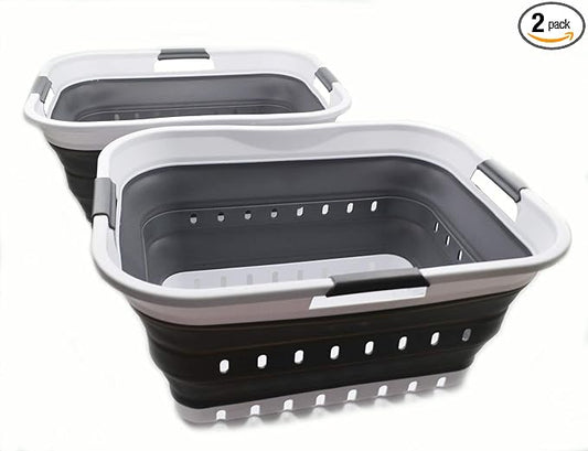 SAMMART 42L (11 gallon) Collapsible Plastic Laundry Basket - Foldable Pop Up Storage Container/Organizer - Portable Basket - Space Saving Hamper/Basket (2, White/Dark Grey)