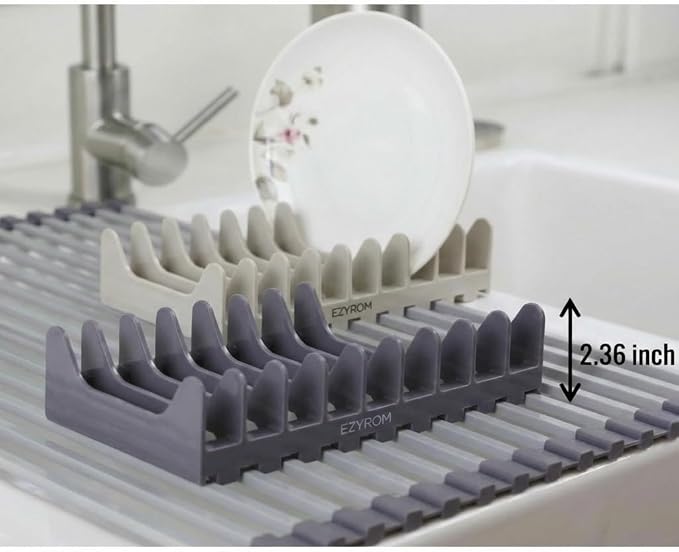 Small Aluminum Roll Up Dish Drying Rack with Removable Dish Holder (9" × 13") for Camping, RV, Camper, Boat & Narrow Sinks, Rust-Proof Square Bar, Purple Gray