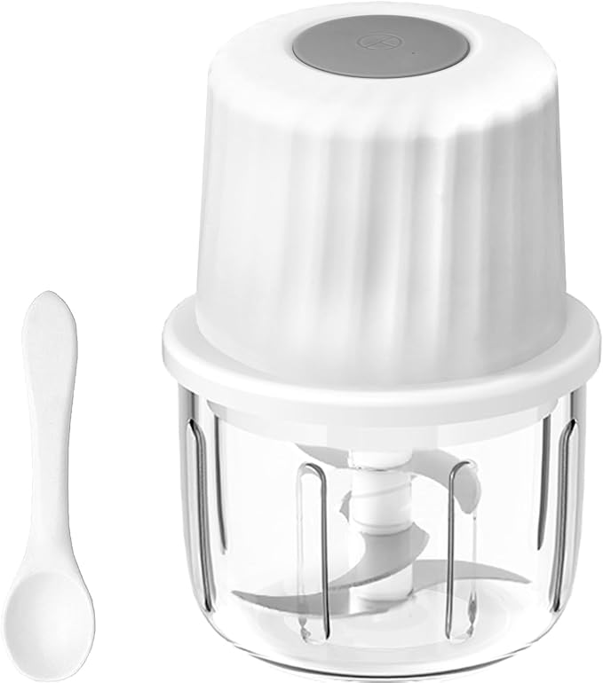 Mini Electric Garlic Chopper 300ML GLASS Food Processor Cordless | Type-C Rechargeable Mincer Chopper for Vegetables Puree, 6 Blades, BPA Free, with Scraper Splash Guard Charging Cord