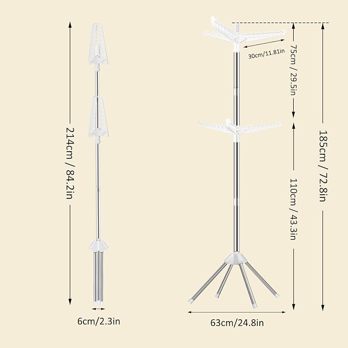 SUYU Clothes Drying Rack,Folding Clothes Drying Tree, 2 Layer with 6 Rotatable Arms,72-Inch Indoor Clothes Rack,Stainless Steel,4 Legs,White and Silver SNJ202