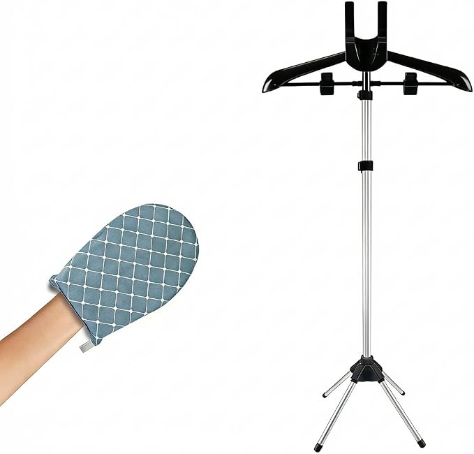 Garment Steamer Rack with Adjustable Hanger Stand for Clothes, Reinforced Water Bladder, Steam Deck Stand, Drying Rack, Blue Ironing Glove Included, Foldable Garment Steaming Stand