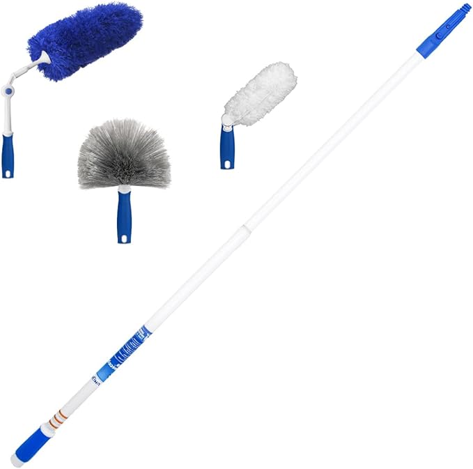 Unger Connect and Clean Dusting Kit with 4' Steel Pole, Features Microfiber Duster, Cobweb and Corner Duster and Wide Blind Duster, High-Access Dusting and Cleaning of Blinds, Windowsils, Cabinets