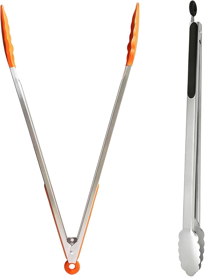 18 inch Extra Long Grill Tongs (1 orange + 1 black), with Silicone Tip Head, Stainless Steel Barbecue Tongs with Long Handle, Large Sized Food Tong, Extended Serving Tong