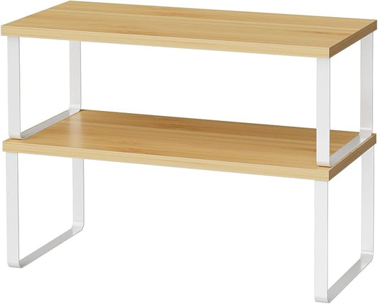 OGEMXU Cabinet Shelf Organizers, 15.7 inches Large Kitchen Counter Shelf, Set of 2 Wood Kitchen Pantry Organizer, Storage Shelves for Countertop, Spice Rack, Stackable, Expandable, Metal White, Nature