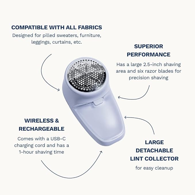 Nori Trim Fabric Shaver - Lint Remover for Clothes & Furniture - Blue | Couch pilling, sweater pill remover, clothes shaver with 6 precision blades, wireless and rechargeable