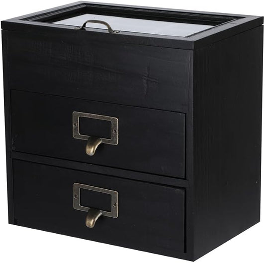 Small Wooden Drawers Wooden Box with Drawer Black | 2 Drawer Storage Box for Apothecary Cabinet, Apothecary Drawers，Desktop Organizer with Metal Handles for Office，Home