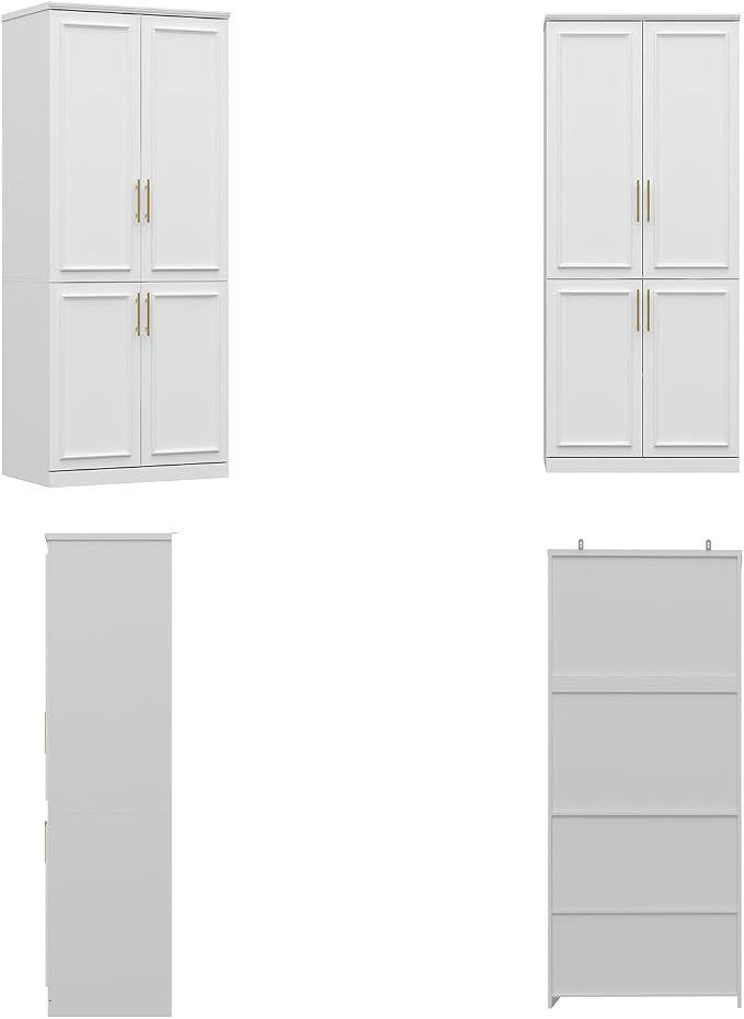 FUFU&GAGA Wardrobe Closet with 4 Doors, Modern White Bedroom Armoire with Gold Handles, Modern Clothes Storage Cabinet with Shelves, Hanging Rod for Cloakroom, 31.7”W x 19.3”D x 74.8”H