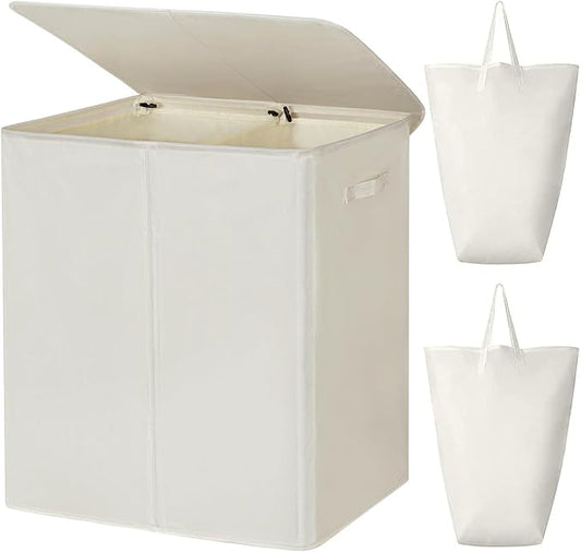 WOWLIVE 180L Double Laundry Hamper 2 Section with Lid and Removable Bags | Divided Laundry Basket, Large Dirty Clothes Hamper with Handle, Collapsible Laundry Storage for Dorm Room, College, Beige