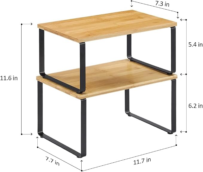 NEX Cabinet Organizer Shelf Set of 4, Stackable Kitchen Counter Shelves, Expandable Spice Rack Pantry Organizers, Bathroom Cupboard Storage Desk Riser, Bamboo and Metal, Black