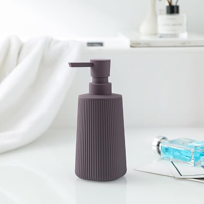 YAUKPH Small Soap Dispenser for Bathroom and Kitchen Matte Purple | Modern Farmhouse Striped Style Plastic Hand Soap Dish Soap Dispenser with Pump