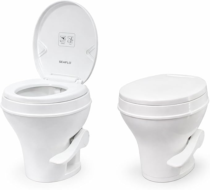 SEAFLO RV Toilet, Residential Height 18.4", Gravity Flush Foot Pedal, Soft Close Seat, Camper Toilet for RV Motorhome Travel Trailer, White, SFRTPH-01-01, 4-Year Warranty