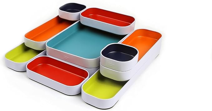 Three by Three Seattle Metal Drawer Organizer Tray Set, 10-Pc (Assorted) | Colorful food-safe metal bins; soft non-scratch base; organize utensils, makeup & supplies across every room