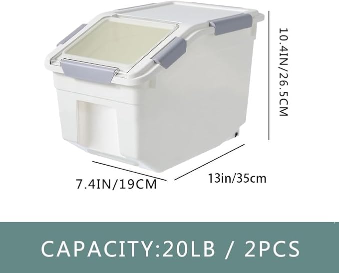 20Lb Food Storage Container with Scoop with Handle & Wheels, 2 Pack | Plastic Kitchen Pantry Organization for Rice Flour Pet Food Cereal Baking Supplies Dispenser Storage