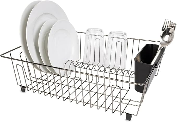 Large Wire Dish Rack – 17.5" x 13.7" x 5.5", Black/Chrome, Space-Saving Kitchen Dish Drainer with Utensil Holder, Rust-Resistant for Drying Plates & Bowls