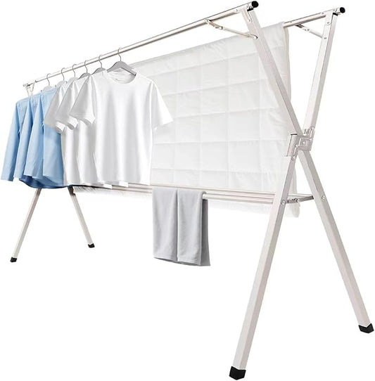 shengshi 95in Foldable Clothes Drying Rack,3 Additional Reinforcement Bars | Heavy Duty Stainless Steel Laundry Drying Rack Indoor Outdoor, Adjustable Length Clothes Rack with 20 Windproof Hooks