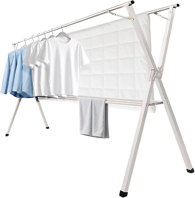 shengshi 79in Foldable Clothes Drying Rack,3 Additional Reinforcement Bars | Heavy Duty Stainless Steel Laundry Drying Rack Indoor Outdoor, Adjustable Length Clothes Rack with 20 Windproof Hooks