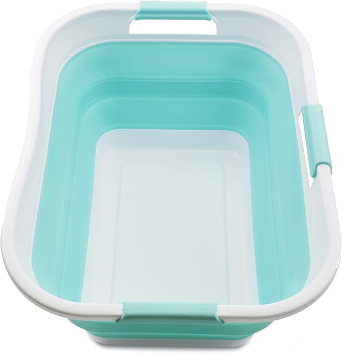SAMMART 30L (8 gallon) Collapsible Plastic Laundry Basket - Foldable Pop Up Storage Container/Organizer - Portable Washing Tub - Water Capacity 24L(6.3 gallon) (1, White/Lake Green)
